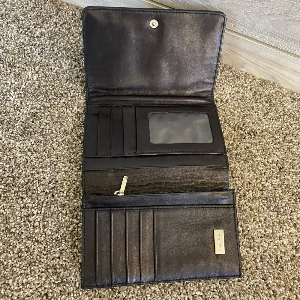 Perlina Black Leather Trifold Ladies Wallet Clutch